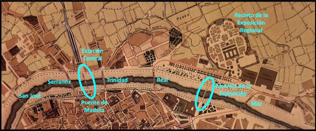 Puente de Madera y Pasarela de la Exposición en el Plano de Valencia y sus ensanches en 1909