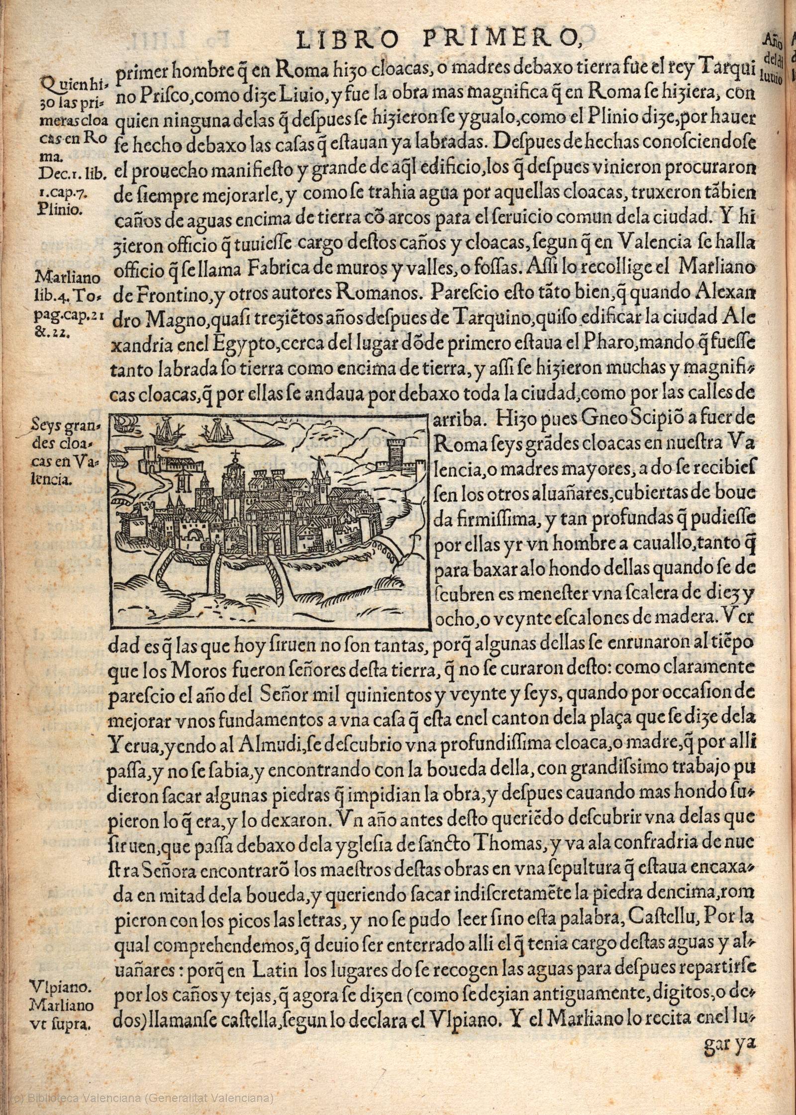 Xilografía anónima con los cinco puentes renacentistas en el libro Primera parte de la Coronica general de toda España y especialmente del reyno de Valencia 1546 de Pere Antoni Beuter