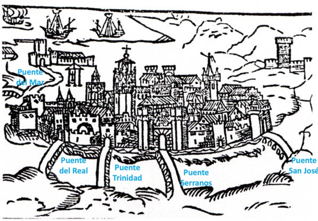 Xilografía anónima de 1538 de los cinco puentes renacentistas de la ciudad de Valencia